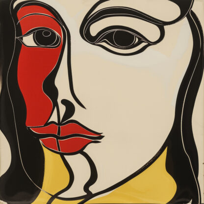 Downloadable close up image of a woman. Simple line drawing using black, red and yellow