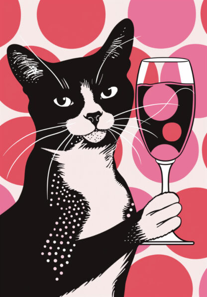 Digital painting of a black and white cat holding a glass of champagne. Pink polka dots.